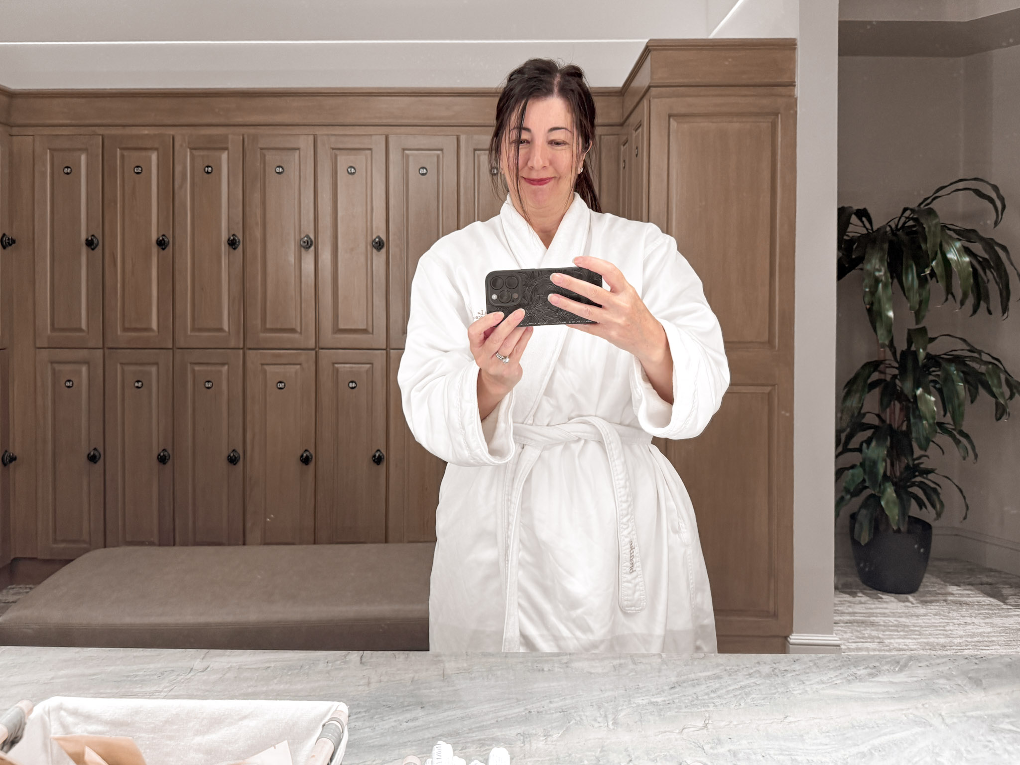 Me taking a selfie in the mirror at Miraval Spa in Aviara which I had to review.