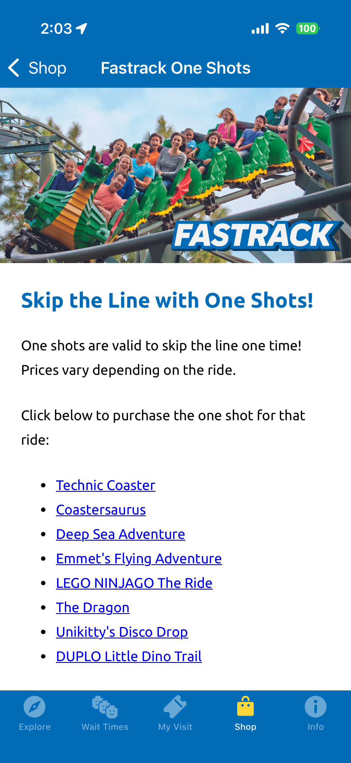 A screenshot from my LEGOLAND app showing where to buy One Shots.