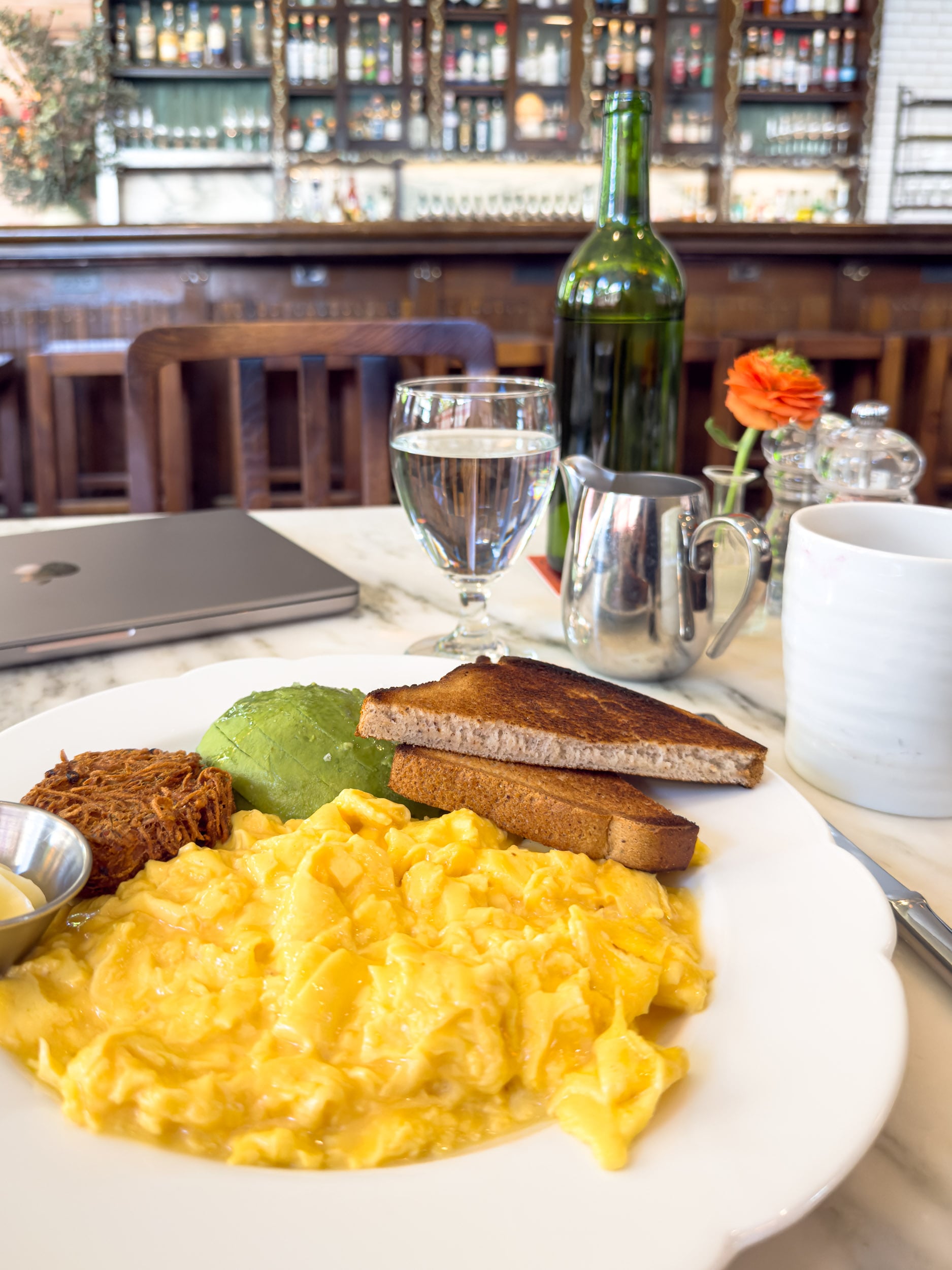 The Nine Orchard breakfast at Corner Bar: eggs, avocado, hash browns and toast