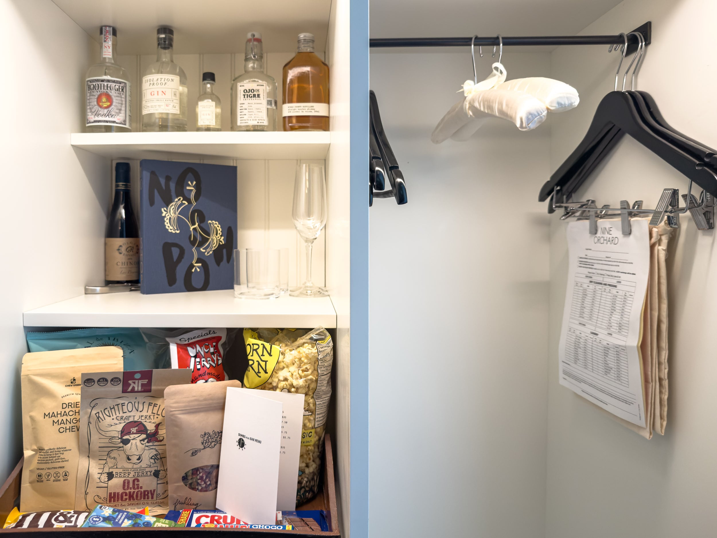 The minibar and closet in a Nine Orchard guest room