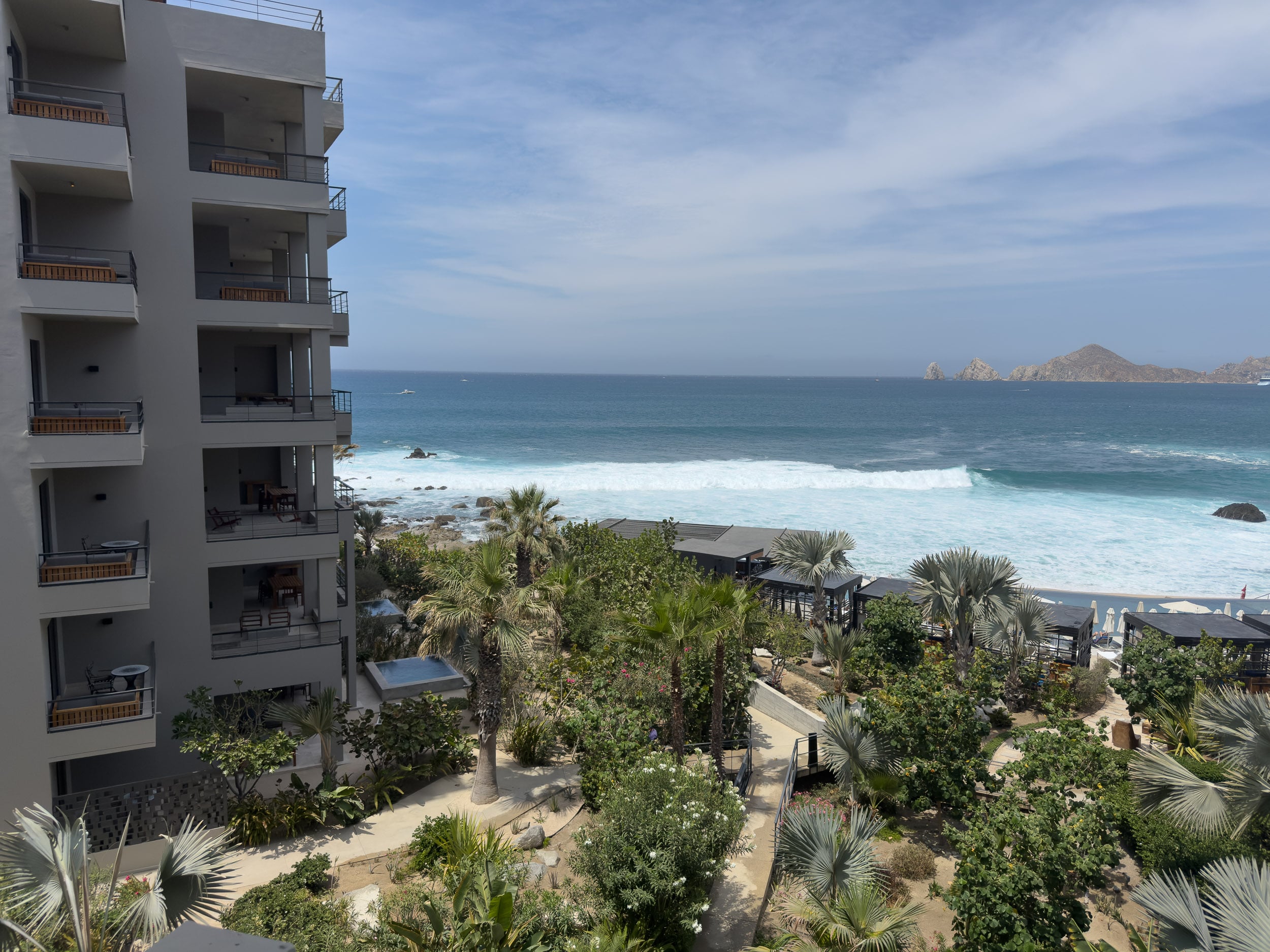 Guest room balconies overlooking the Pacific at The Cape, a Thompson Hotel in Cabo San Lucas