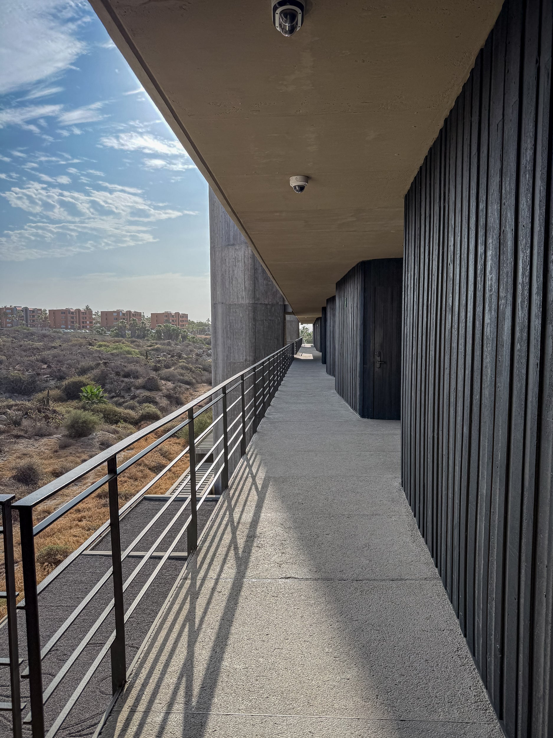The hallways to the rooms are exterior with views.