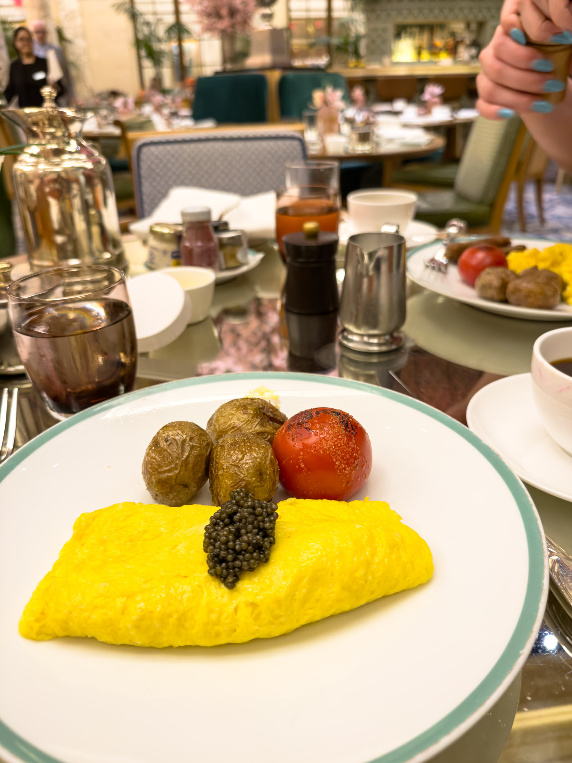 Breakfast omelette served with caviar and fresh fruit at The Plaza Hotel New York
