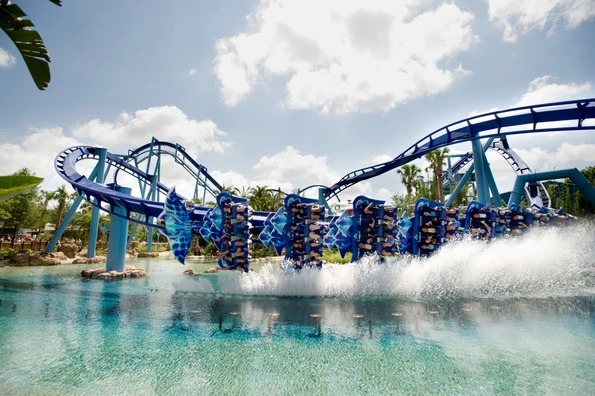 Manta roller coaster gliding along the water at SeaWorld Orlando