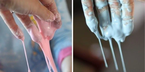 Homemade slime with cornstarch dripping off a child's hands.