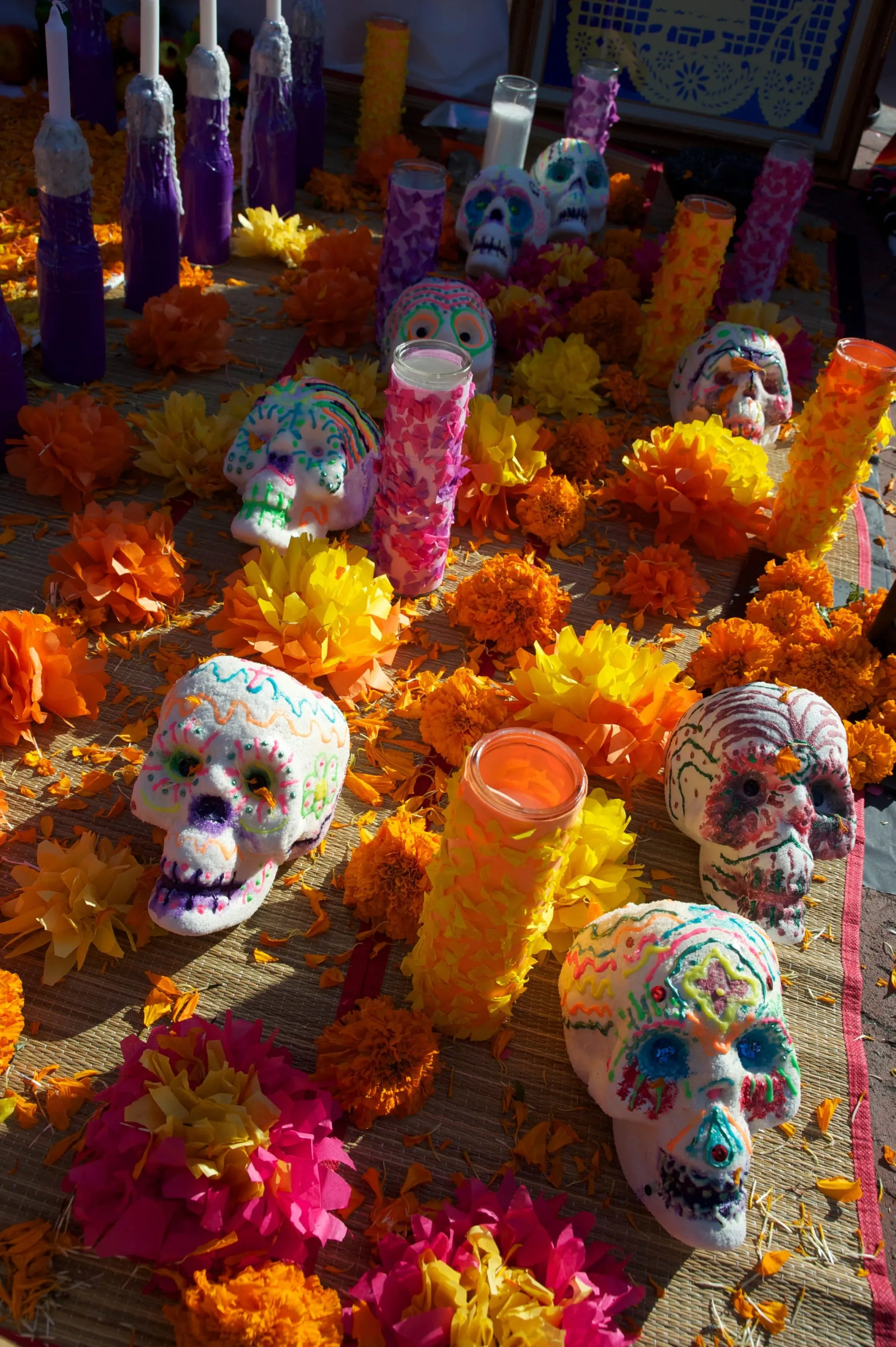 Dia de los Muertos altar with marigolds and sugared skulls
