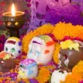 Marigolds and sugar skulls on a Dia de los Muertos altar