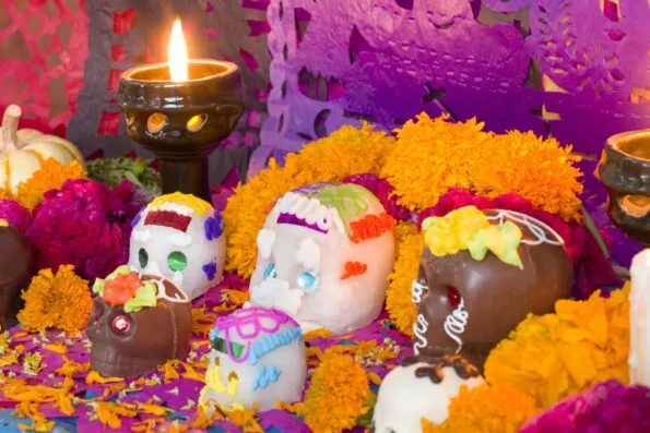 Marigolds and sugar skulls on a Dia de los Muertos altar