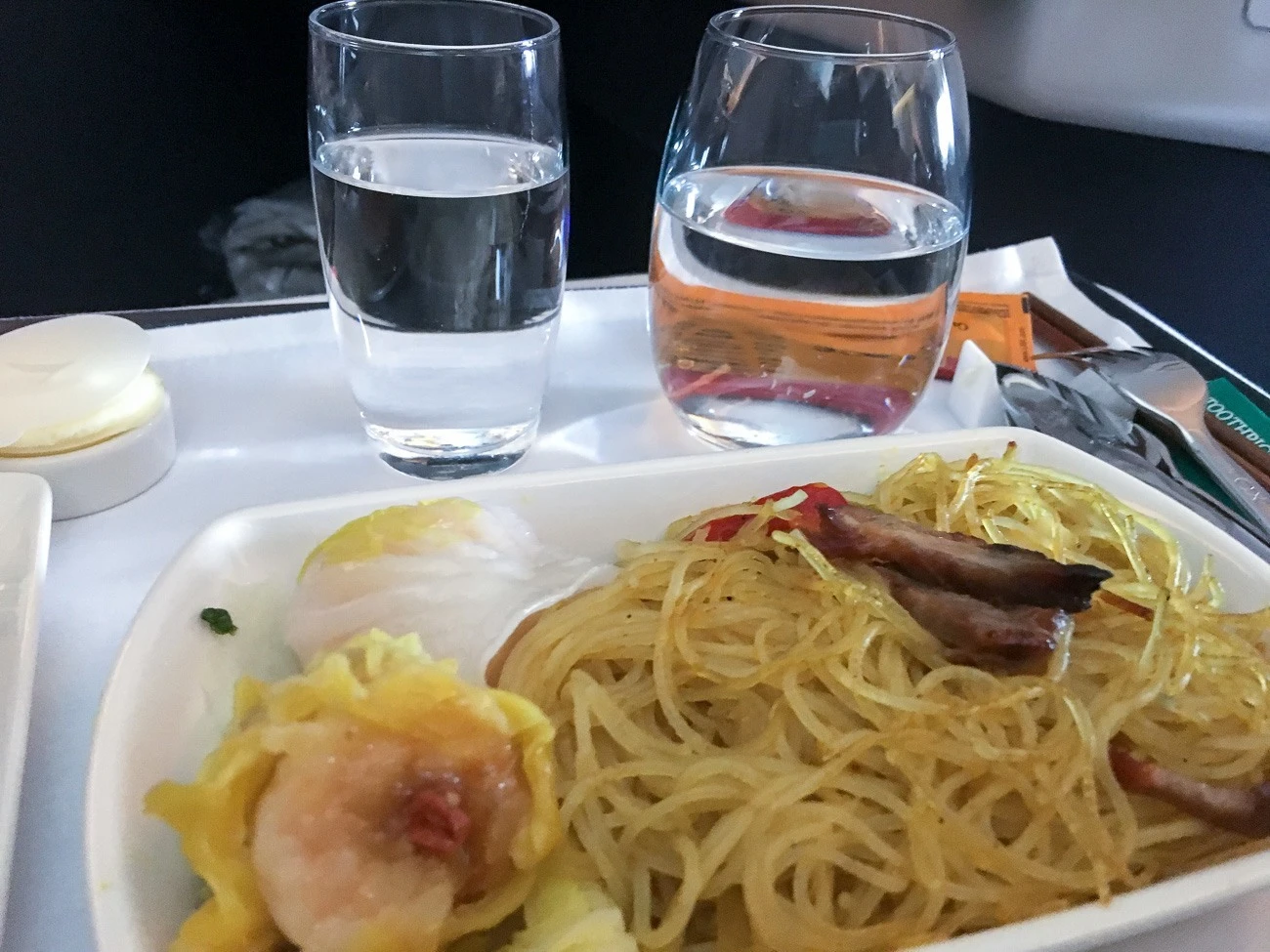 Cathay Pacific business class breakfast main course of Singaporean noodles