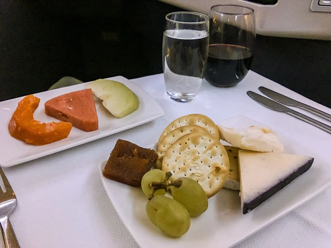 Cathay Pacific business class cheese and fruit course