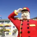 A LEGO bellman stands in front of the LEGOLAND Hotel in California