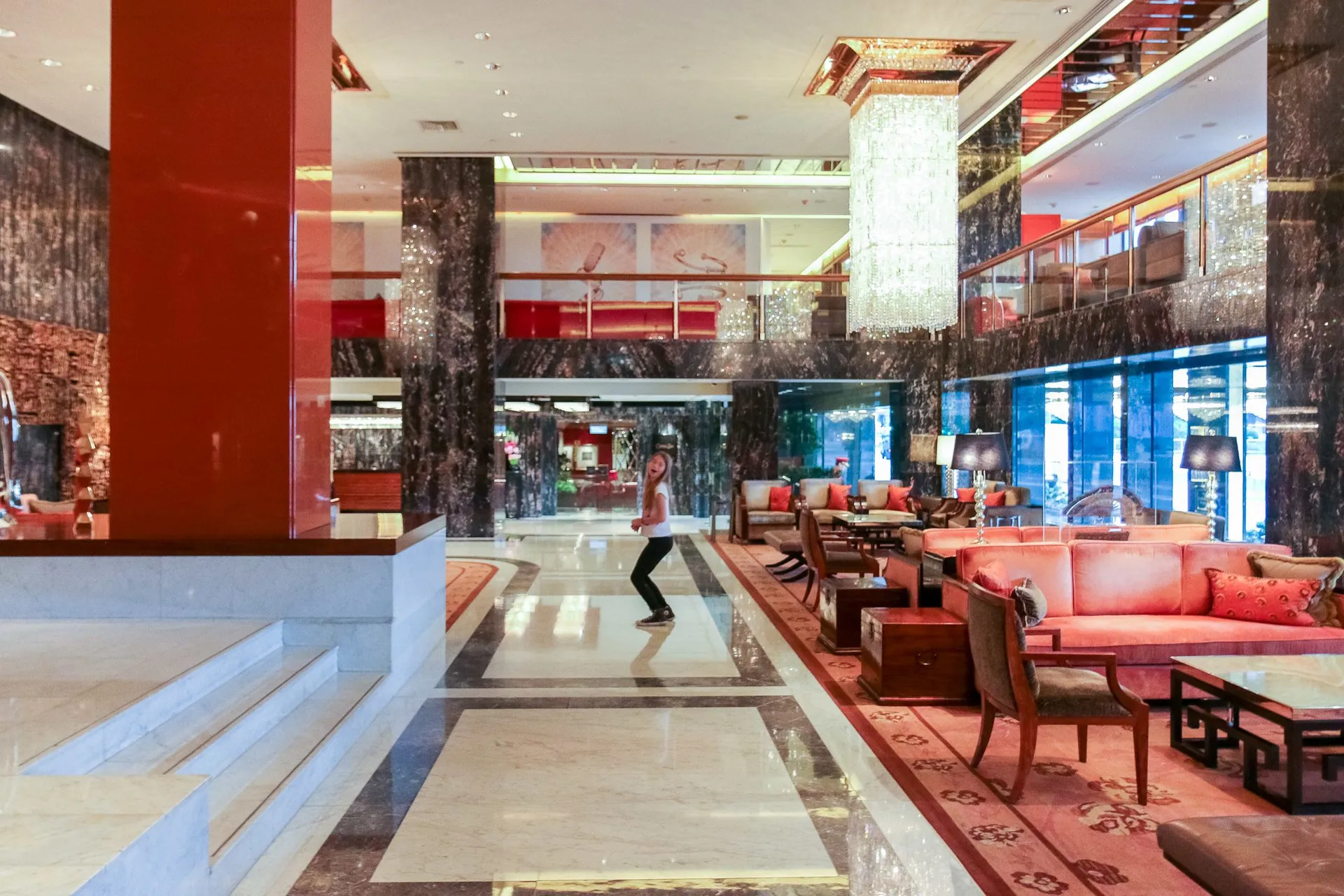 The lobby at Mandarin Oriental, Hong Kong, a great luxury hotel for families.