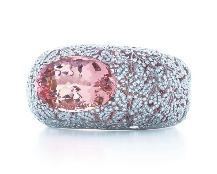 Tiffany bangle with an oval morganite set in diamonds and platinum, from the 2013 Blue Book Collection. Price available upon request. (Photo Credit: Carlton Davis)