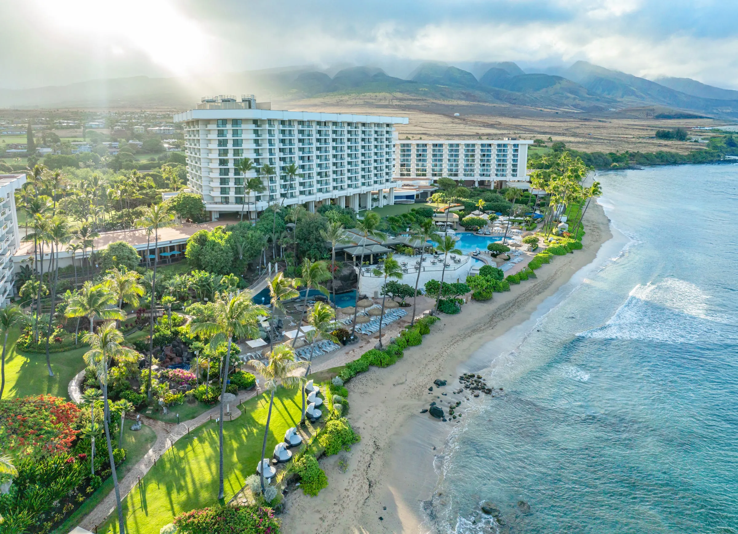 Aerial view of Hyatt Regency Maui and the beach.