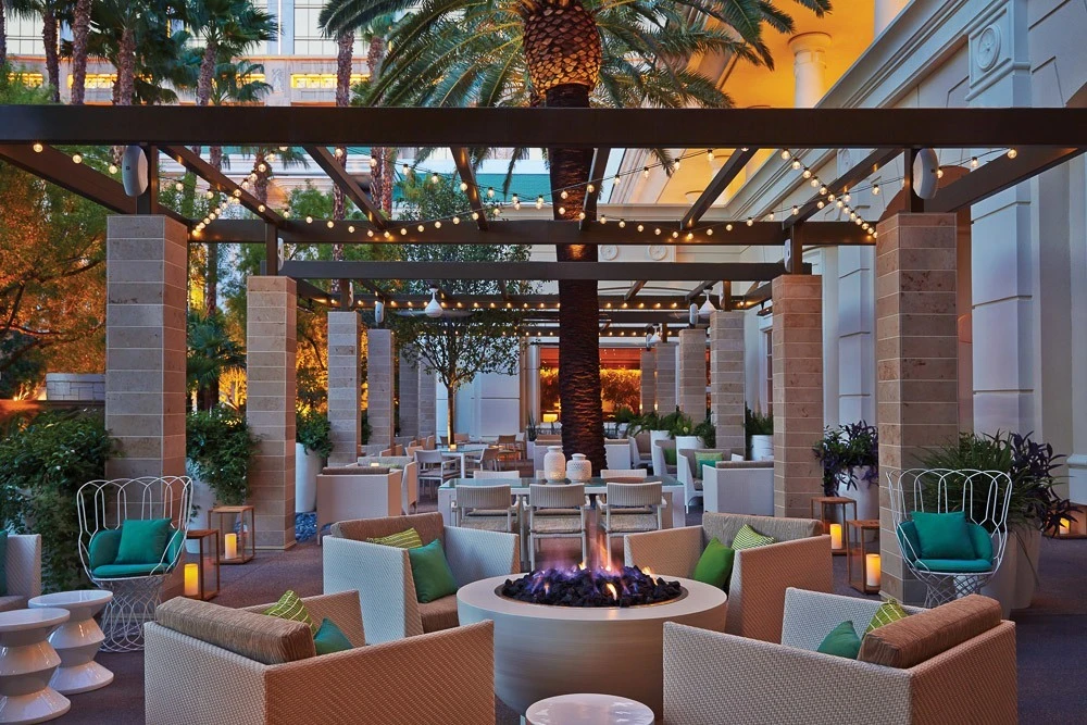 The gorgeous patio at PRESS, Four Seasons Hotel Las Vegas