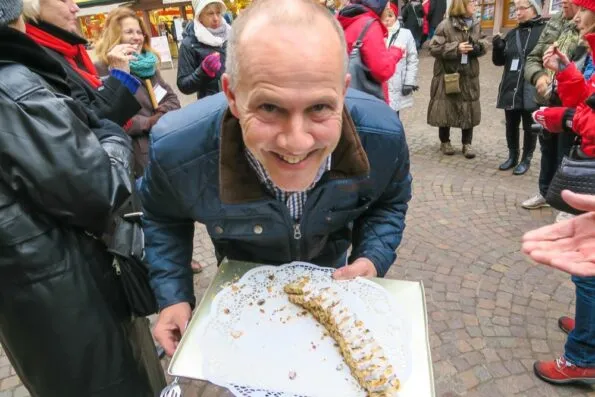 Sampling stollen at Fritz Frischmuth bakery in Wertheim