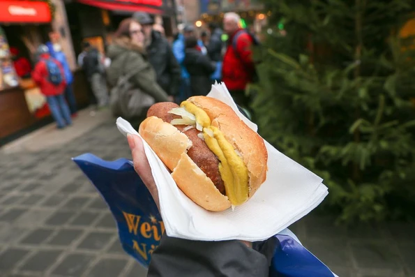 Fleischkuechle, a German patty, at the Nuremberg Christmas Market