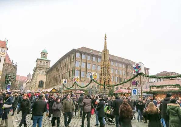 Schoner Brunnen (beautiful fountain--the structure with the pointed top) in the middle of the Nuremberg Christmas Market