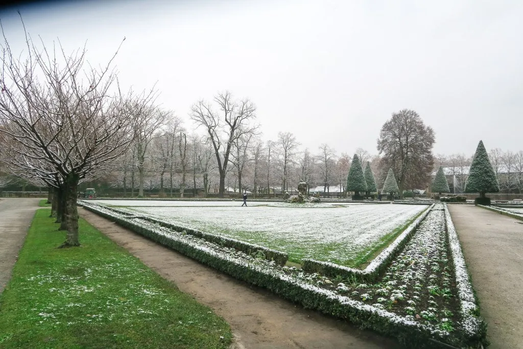 The Wurzburg Residence garden covered in a light blanket of snow
