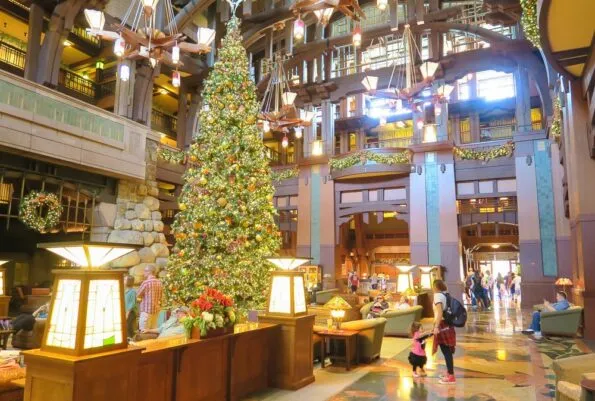 The lobby of Disney's Grand Californian Hotel and Spa during the holidays