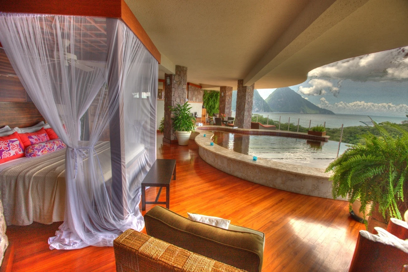 An open-air room at Jade Mountain Resort on St. Lucia
