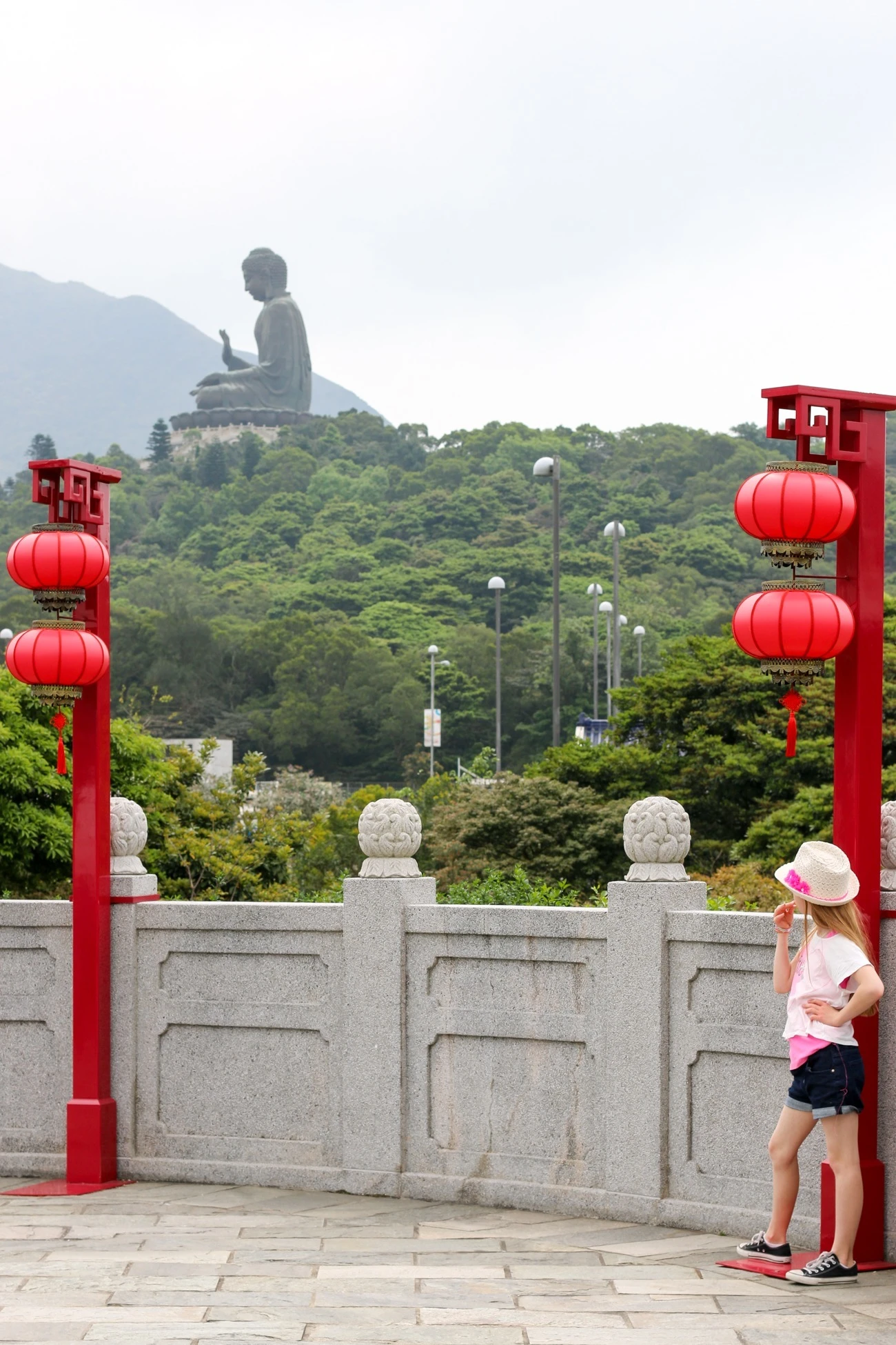 The view of the Big Buddha from Ngong Ping Village on Lantau Island, Hong Kong