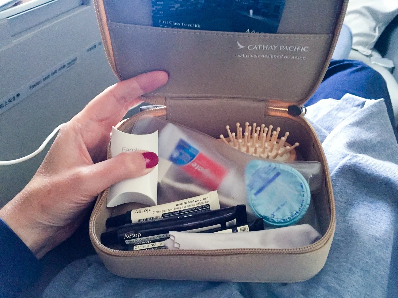 Amenity kit in Cathay Pacific first class.