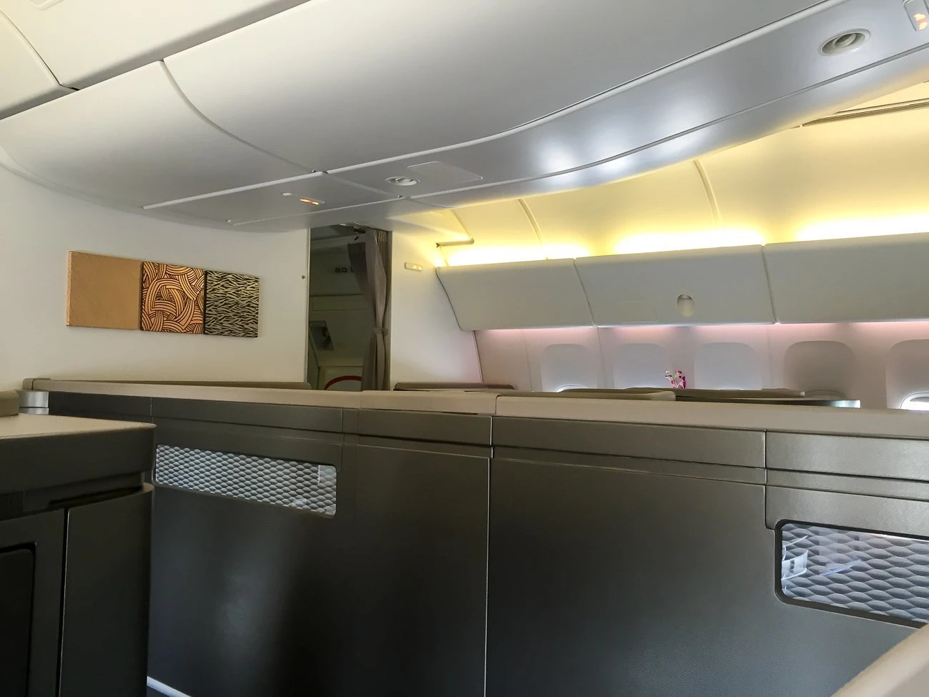 The cabin in first class on Cathay Pacific