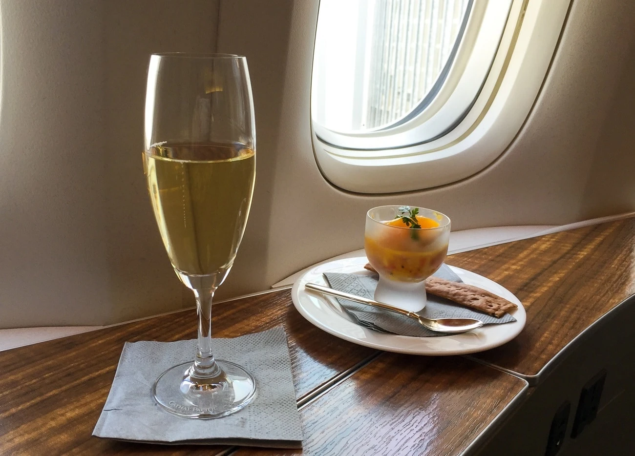 Krug champagne and an amuse bouche in Cathay Pacific's first class