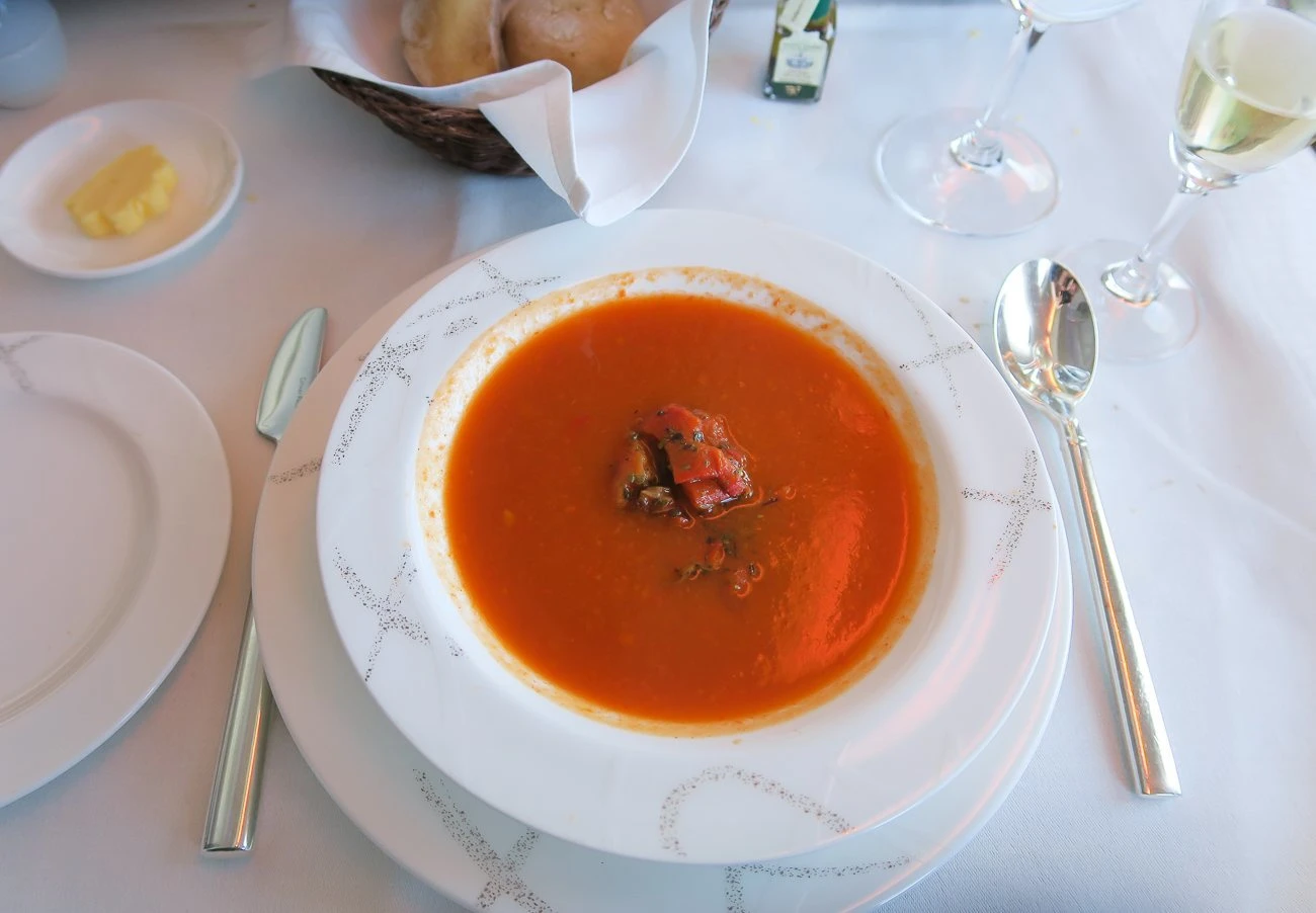 Roasted red pepper soup served in Cathay Pacific first class.