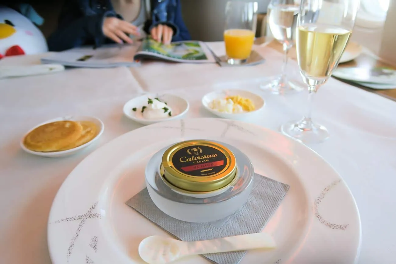Caviar and Krug champagne in first class on Cathay Pacific