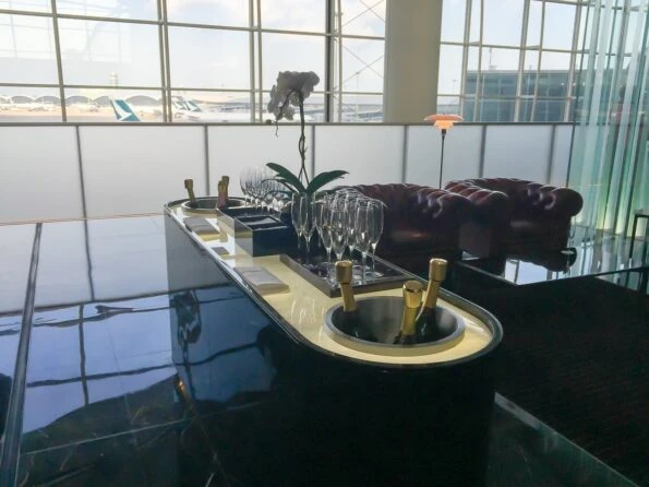 The champagne bar at the Cathay Pacific first class lounge, The Wing, in Hong Kong