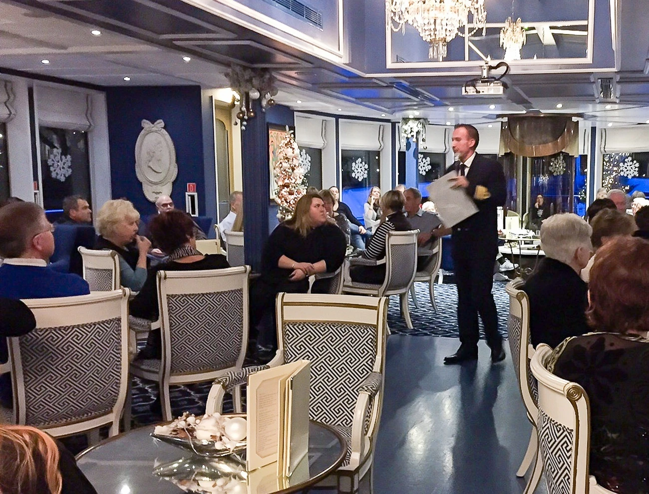 Our Uniworld captain giving a speech before dinner on the River Queen.