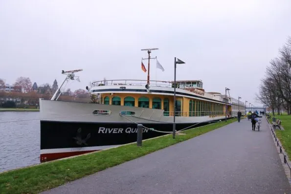 Uniworld's River Queen ship docked in Frankfurt before the Classic Christmas Markets Cruise