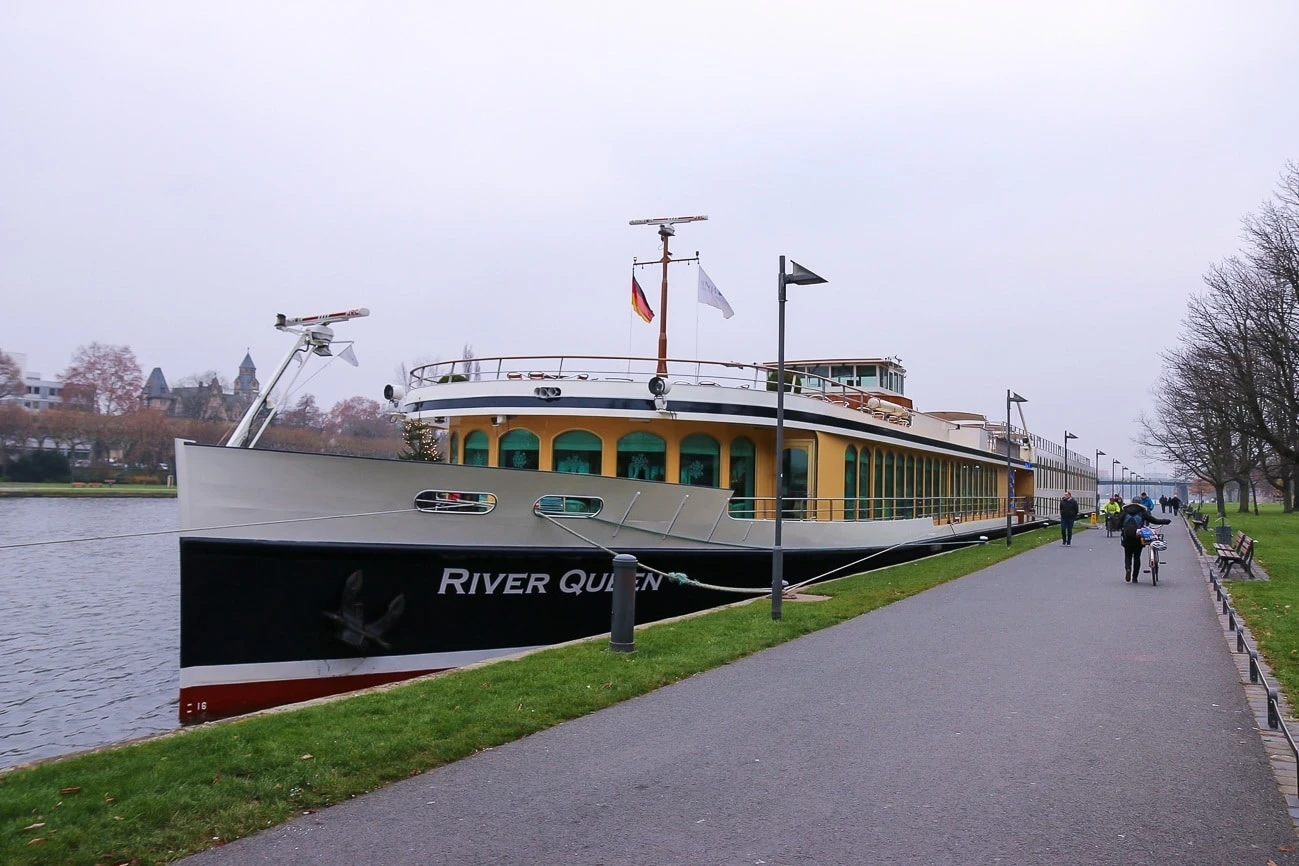 Uniworld's River Queen ship docked in Frankfurt before the Classic Christmas Markets Cruise