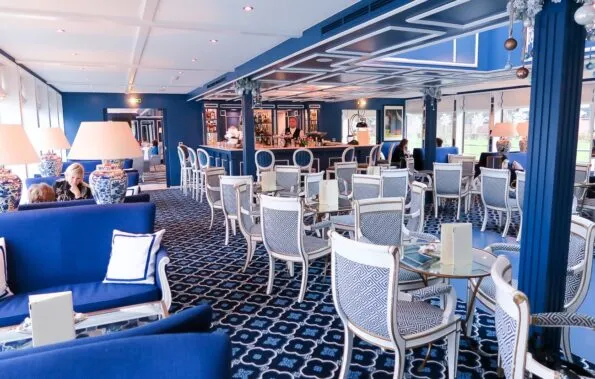 The gorgeous bar and lounge on Uniworld's River Queen ship