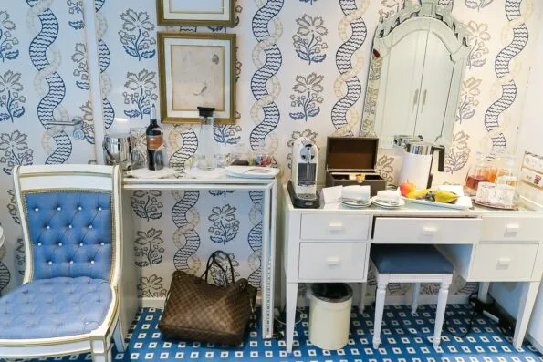 Wine, Nespresso, fruit, water, tea and other amenities in Uniworld's River Queen ship suites.