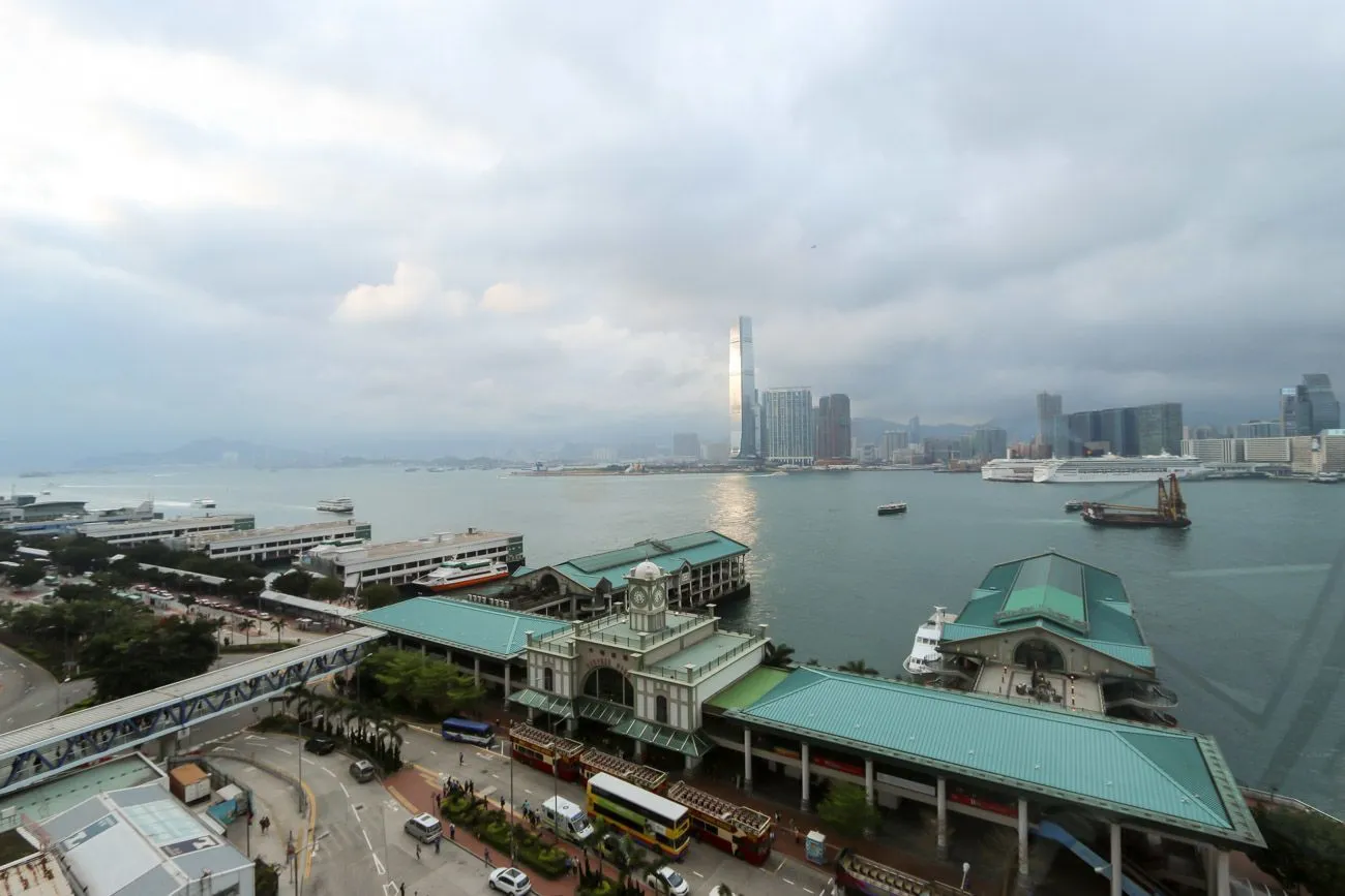A photo taken on the early side of golden hour from the Hong Kong Observation Wheel