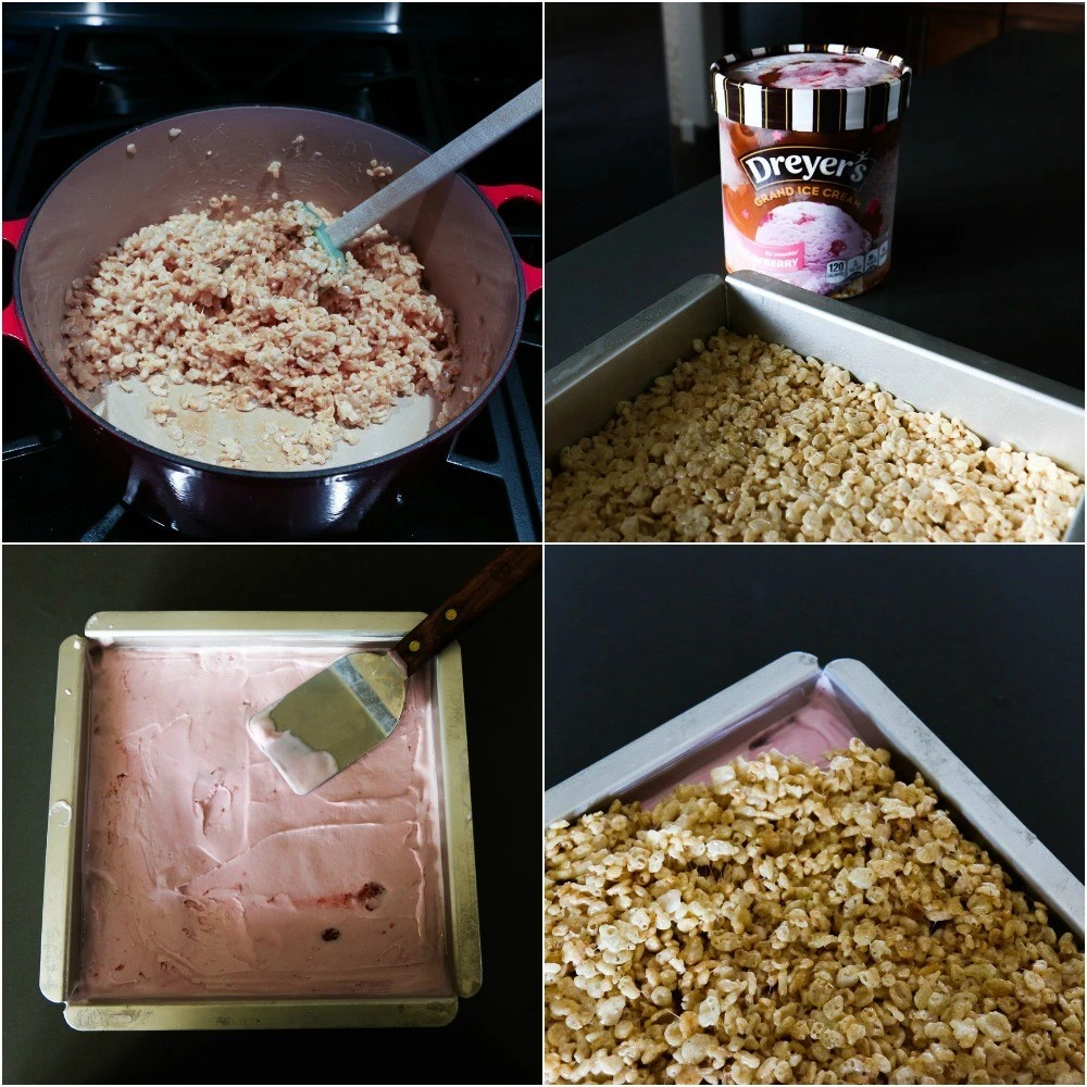How to layer Rice Krispie treats and ice cream in a cake pan to make ice cream sandwiches.