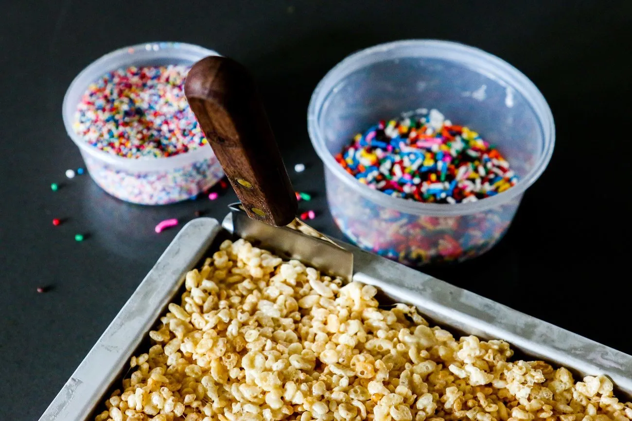 Rice Krispie treat ice cream sandwiches made in a cake pan are an easy summer dessert recipe.
