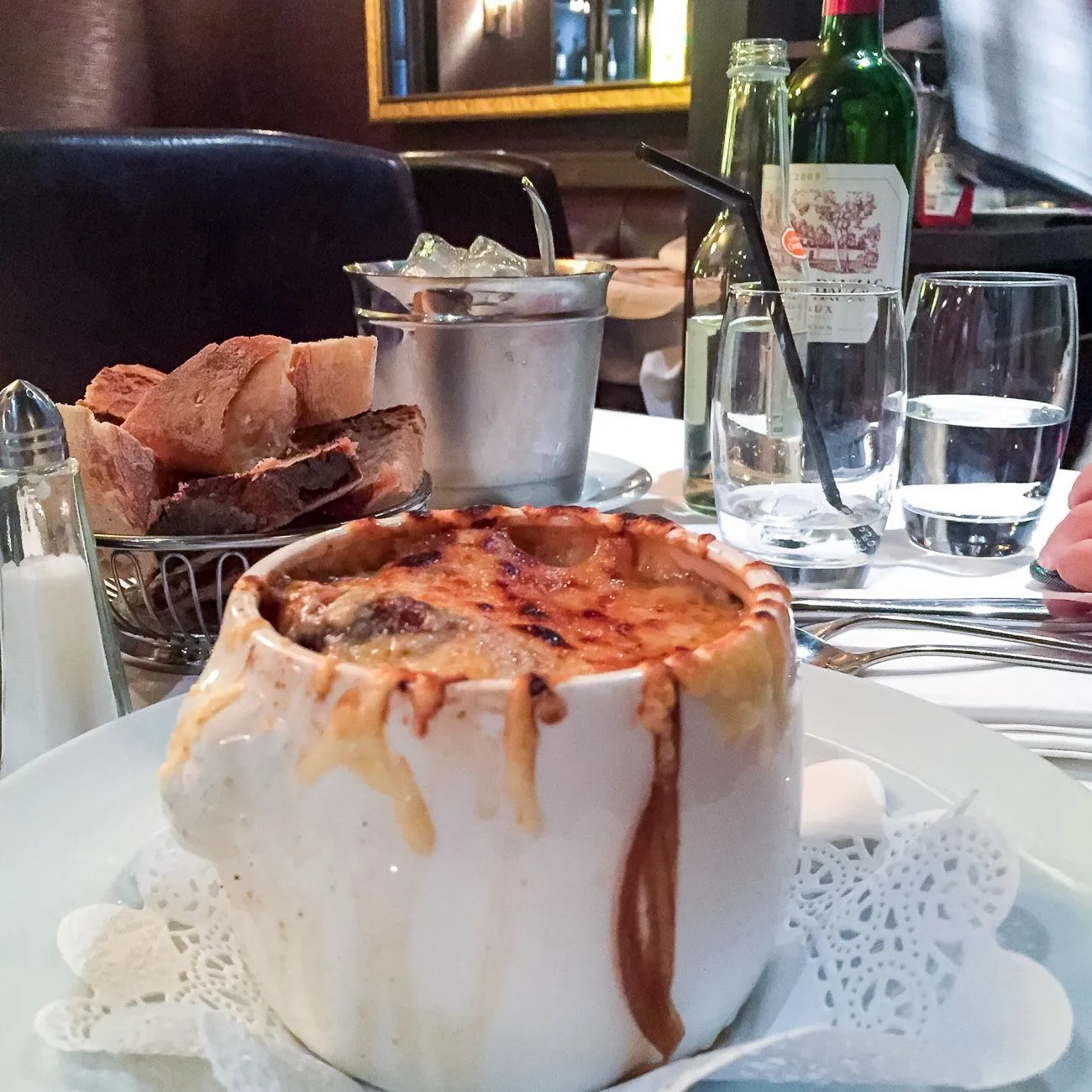 French onion soup at a Paris brasserie called Chez Flottes