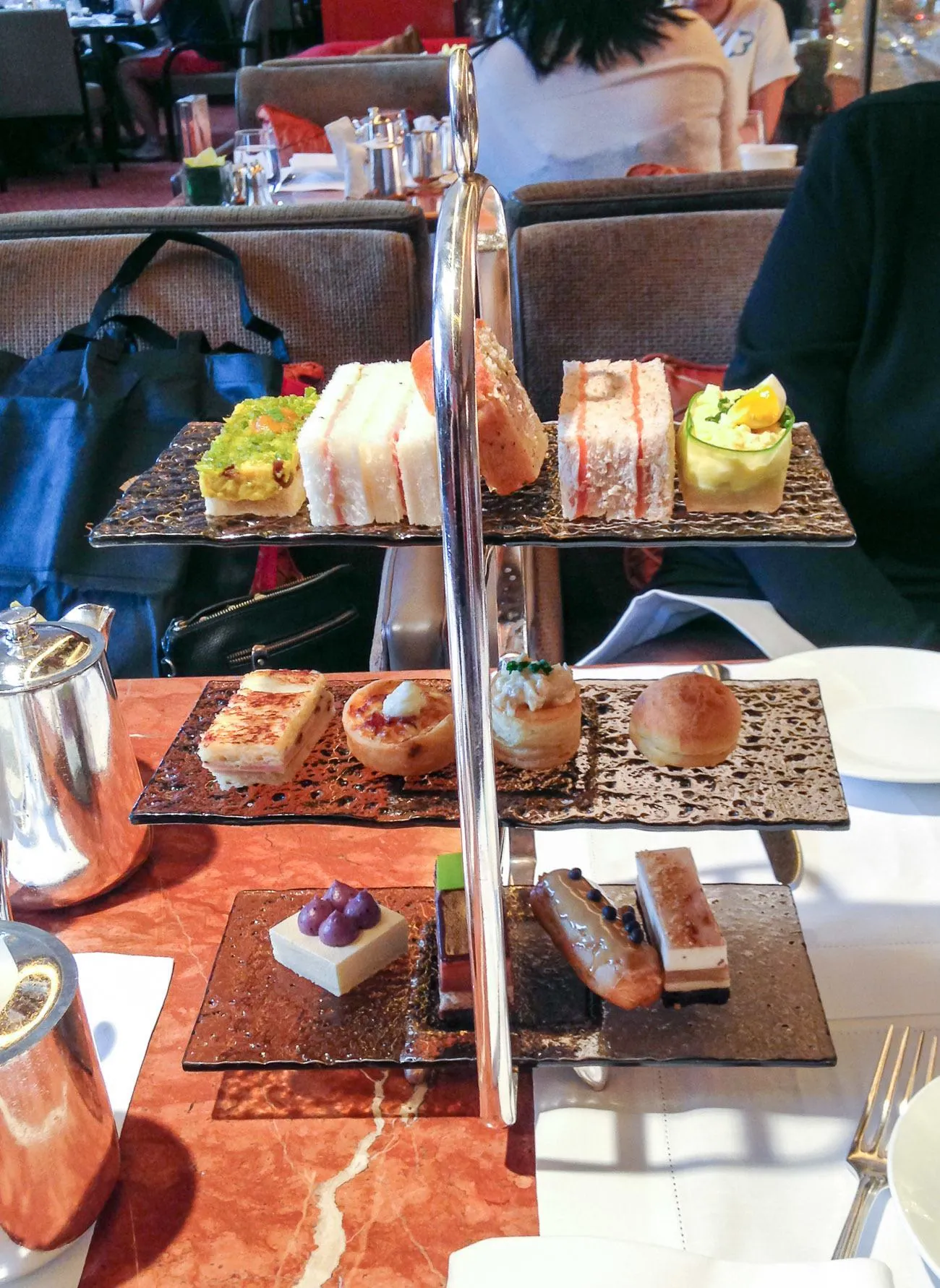 An afternoon tea set at the Mandarin Oriental, Hong Kong's Clipper Lounge.