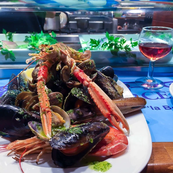 A giant seafood plate at BarCentral in La Boqueria Market in Barcelona