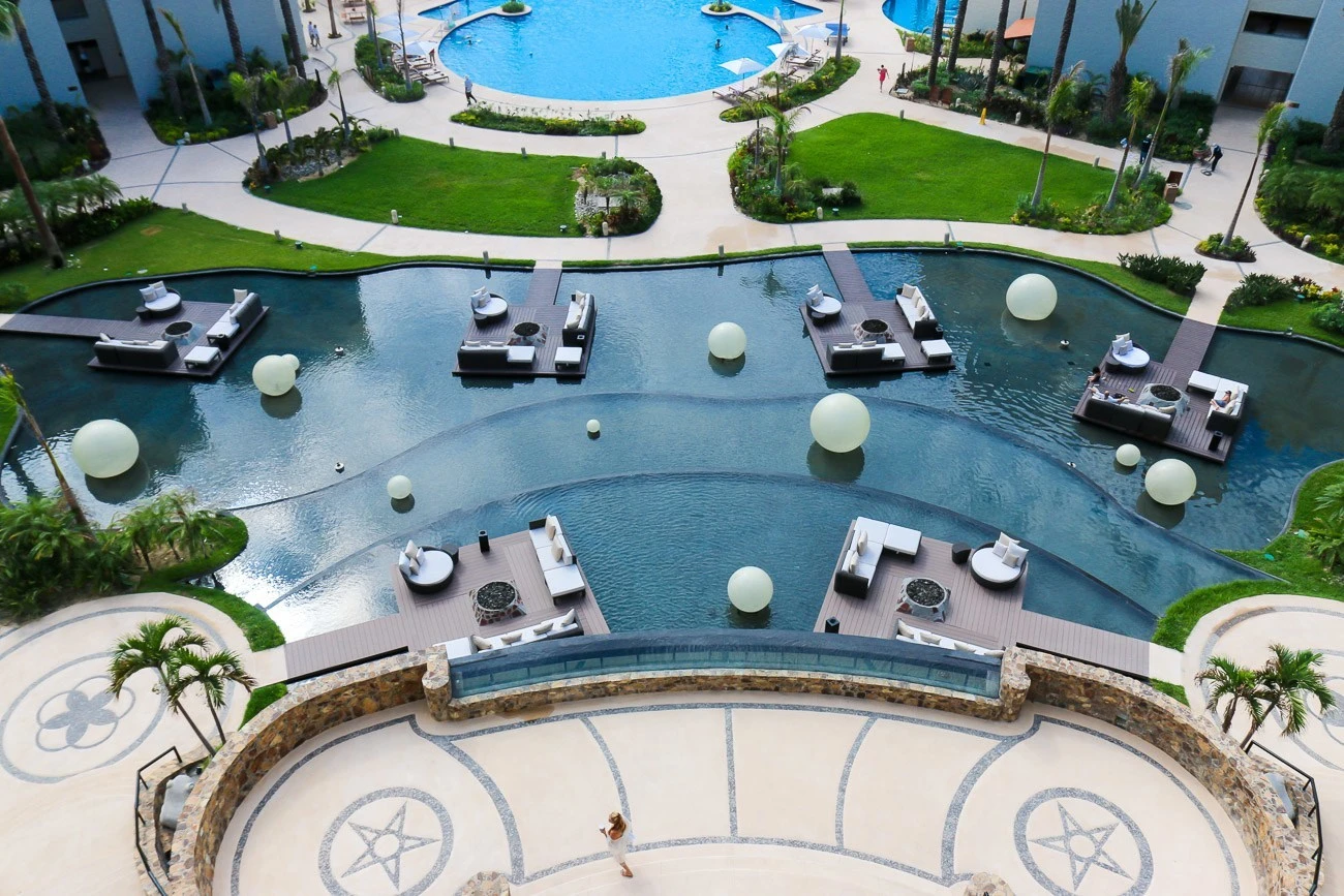 Water seating area at Hyatt Ziva Los Cabos viewed from above
