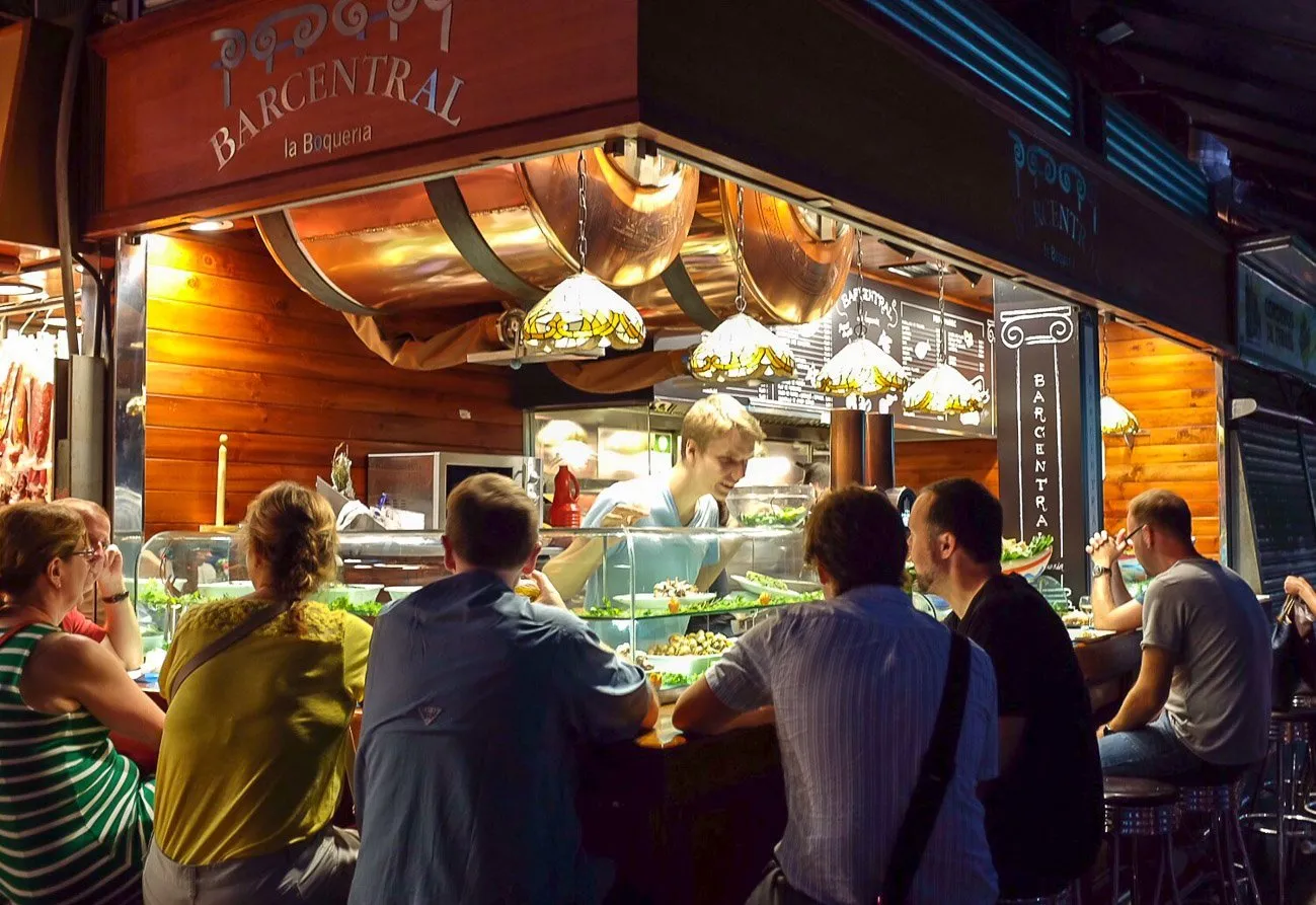 Bar Central serves delicious seafood tapas at La Boqueria Market in Barcelona.