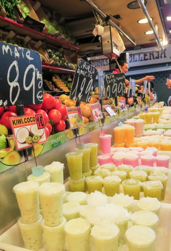 Fresh juice in a variety of flavors is sold all over La Boqueria Market in Barcelona.