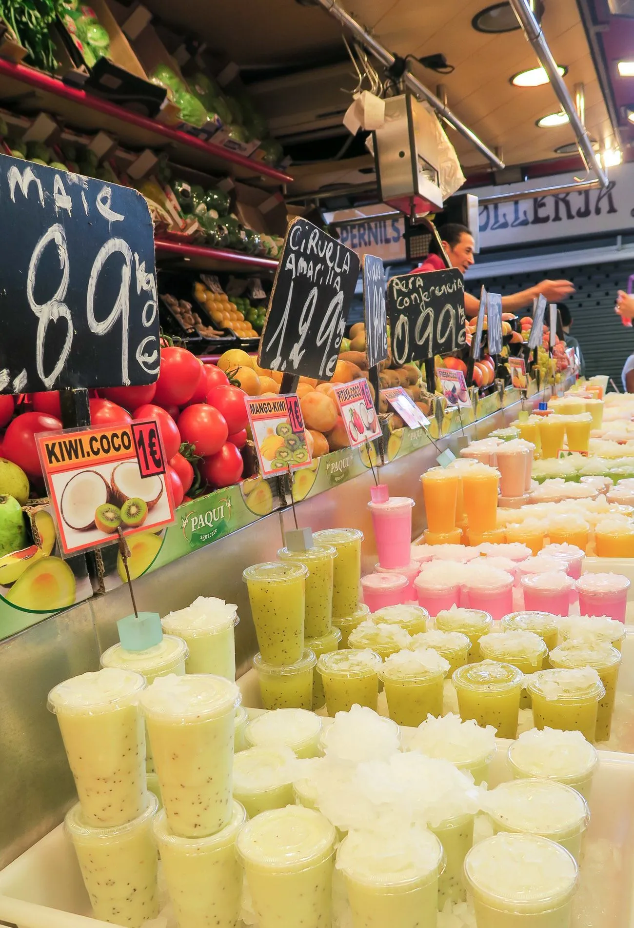 Fresh juice in a variety of flavors is sold all over La Boqueria Market in Barcelona.