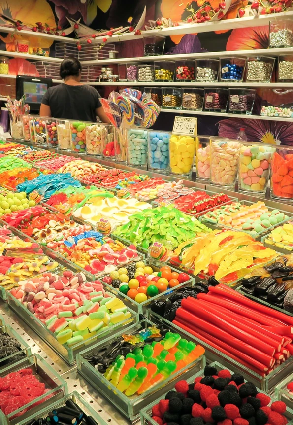 Gummy candy in all shapes and sizes at La Boqueria Market in Barcelona.