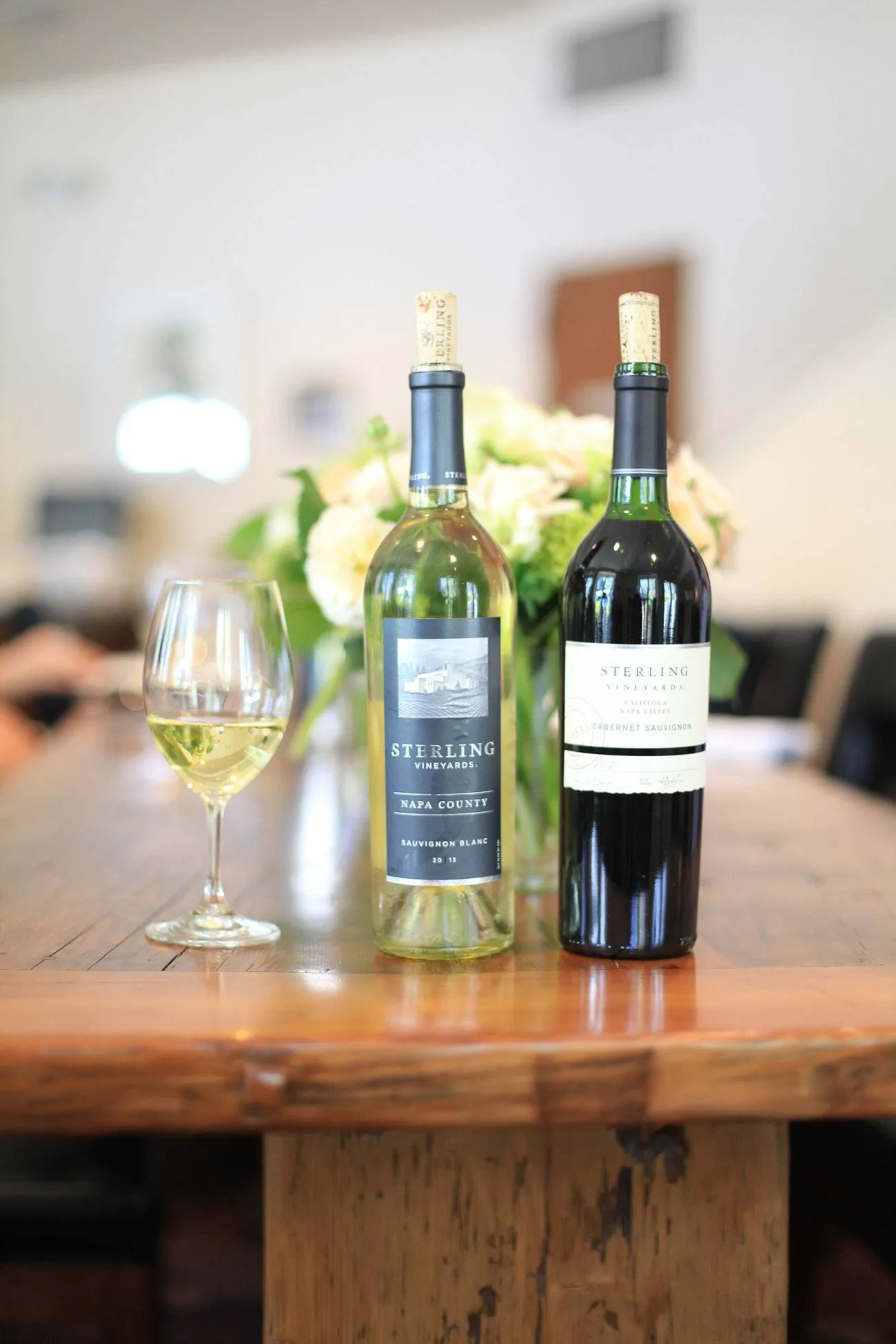 Delicious bottles of Sterling wines served over lunch at Sterling Vineyards in Napa Valley