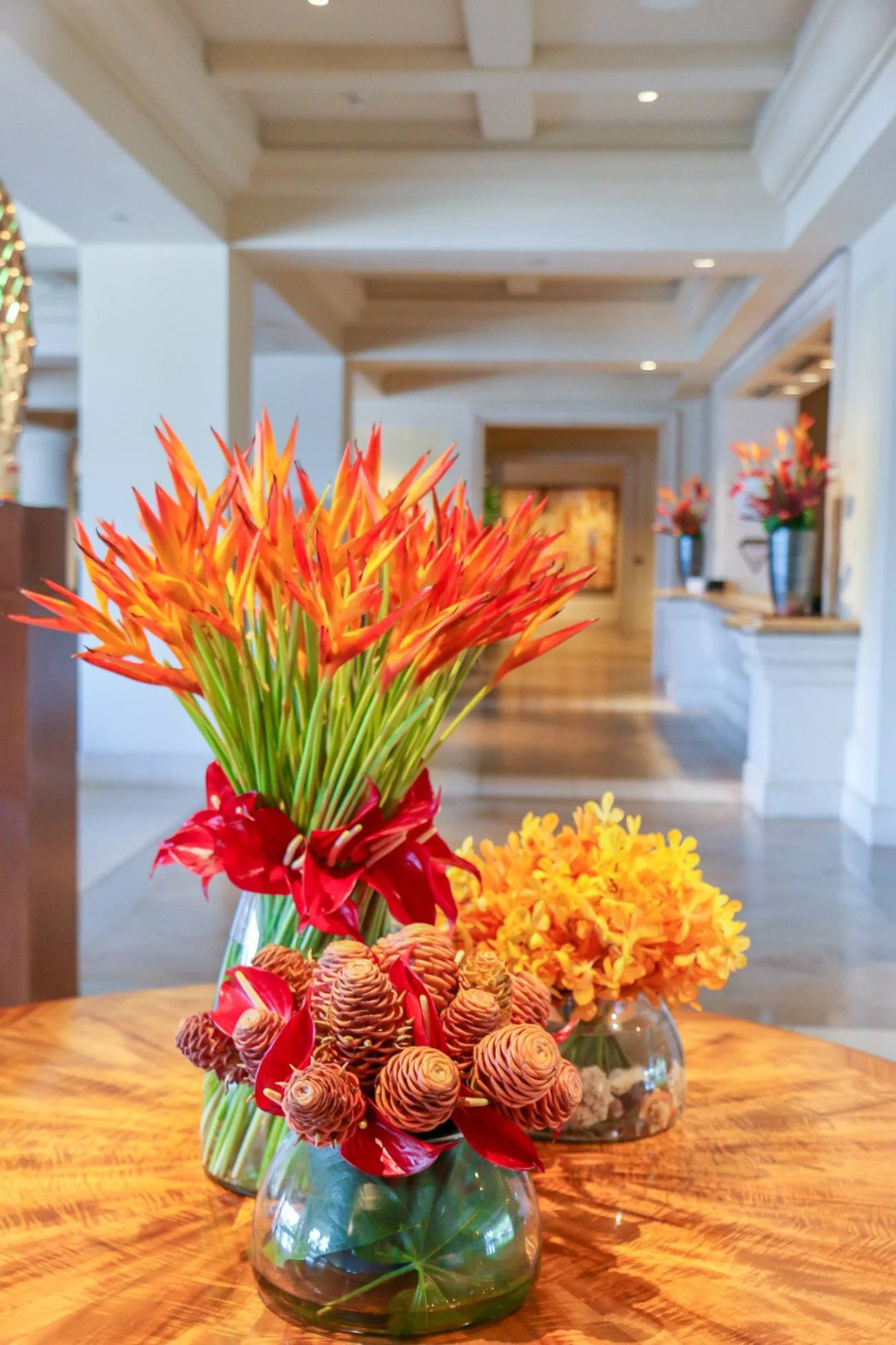 A group of tropical flower arrangements at Four Seasons Resort Maui at Wailea.